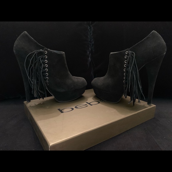 BEBE Suede Platform Fringe Booties 9-1/2 - Picture 5 of 8